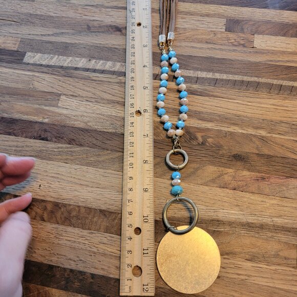 Y Pendant Necklace Blue/White Beads Large Golden Disc Leather Cord - Picture 11 of 14